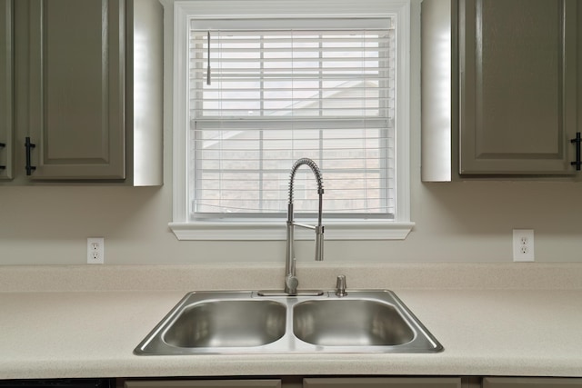 interior details with gray cabinetry and sink