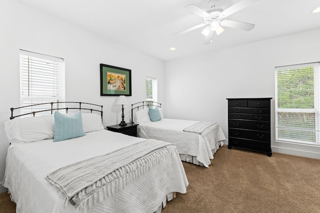 carpeted bedroom with ceiling fan and multiple windows