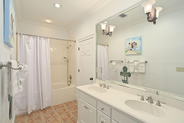 bathroom featuring vanity, crown molding, shower / bath combo, and tile patterned floors