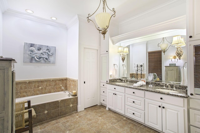 bathroom featuring vanity, a relaxing tiled tub, and crown molding