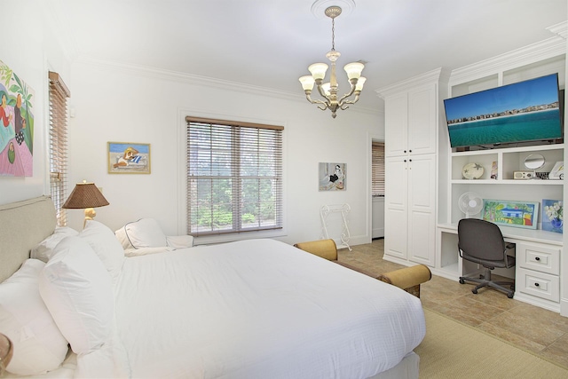 bedroom with ornamental molding, light tile patterned flooring, a chandelier, and a closet