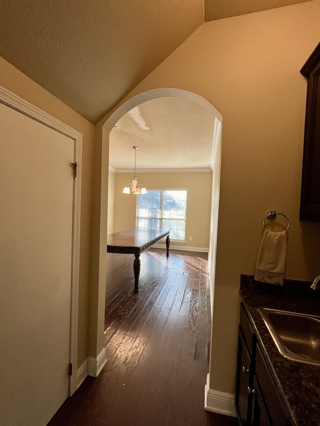 hallway with crown molding, lofted ceiling, sink, and dark hardwood / wood-style flooring