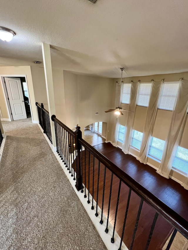 staircase featuring carpet flooring and a textured ceiling