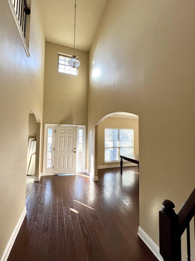 entrance foyer with dark wood-type flooring and a high ceiling