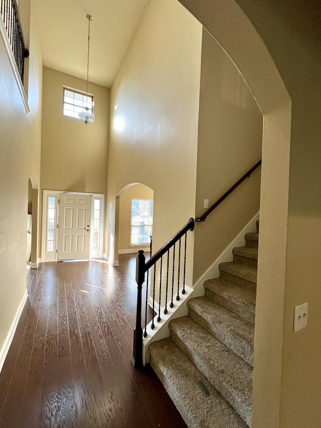 entrance foyer with dark wood-type flooring, plenty of natural light, and a high ceiling