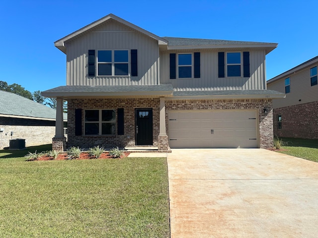 view of front of house with central AC, a garage, and a front lawn