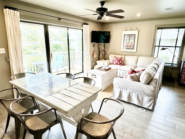 living room with a wealth of natural light and ceiling fan