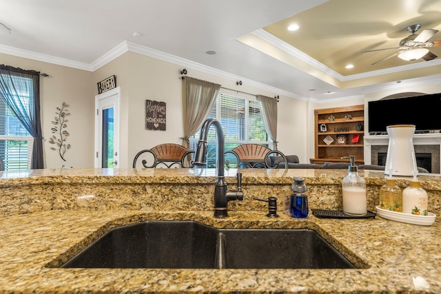 kitchen featuring crown molding, ceiling fan, a healthy amount of sunlight, and sink