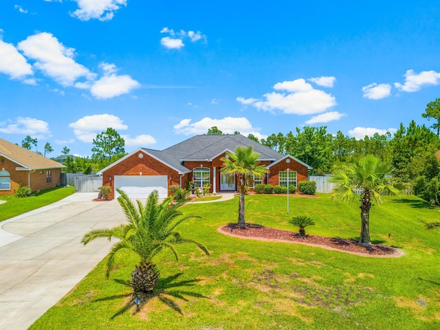 ranch-style house with a front yard and a garage