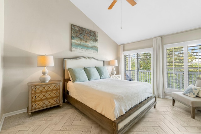 bedroom with light parquet floors, ceiling fan, and high vaulted ceiling