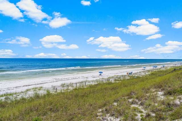 property view of water featuring a beach view