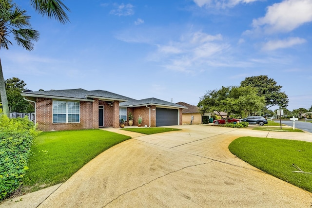 ranch-style house with a garage and a front lawn