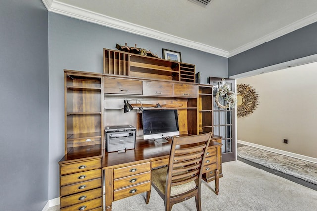 carpeted office featuring ornamental molding