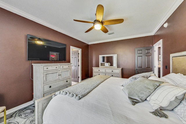 bedroom featuring ceiling fan and ornamental molding