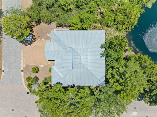 bird's eye view with a water view