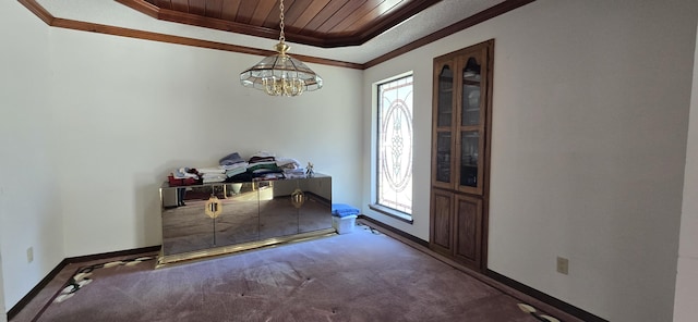 carpeted home office with an inviting chandelier, a wealth of natural light, crown molding, and a raised ceiling