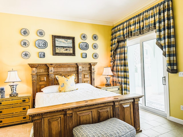 bedroom with light tile patterned floors, ornamental molding, and access to outside