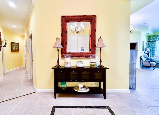 hallway featuring crown molding, recessed lighting, baseboards, and tile patterned floors