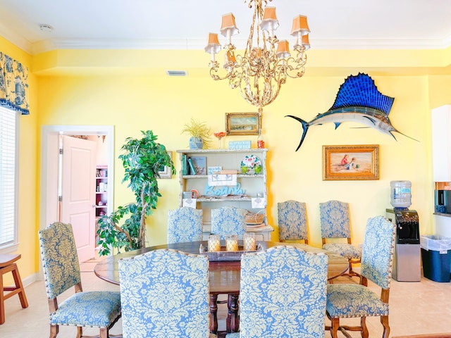 tiled dining space featuring crown molding, a notable chandelier, visible vents, and a wealth of natural light