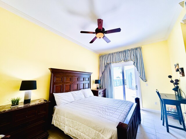 tiled bedroom featuring ceiling fan, access to outside, and crown molding