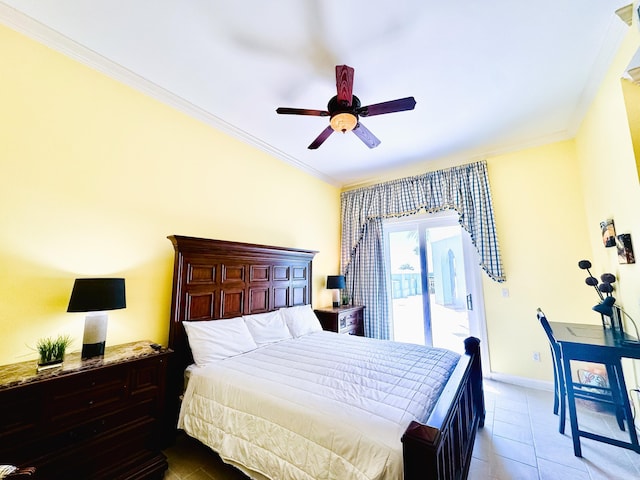 tiled bedroom with access to exterior, a ceiling fan, crown molding, and baseboards