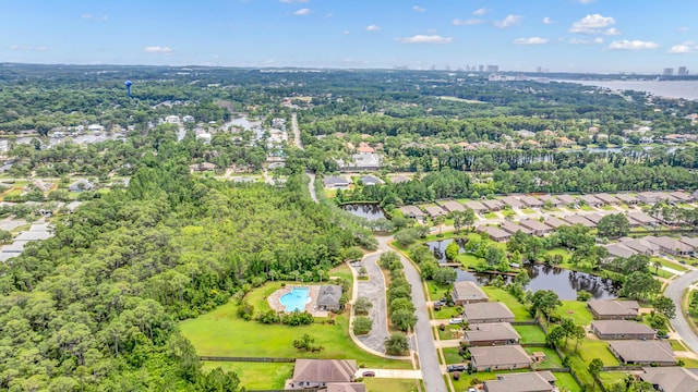 drone / aerial view with a water view