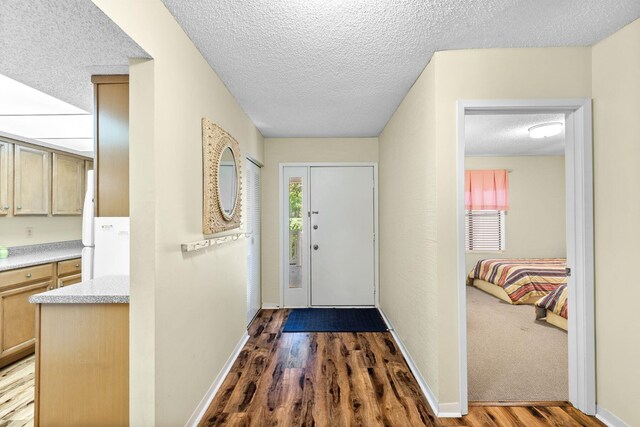 foyer entrance with a textured ceiling and dark hardwood / wood-style flooring