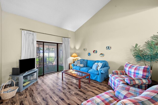 living room featuring lofted ceiling and wood-type flooring