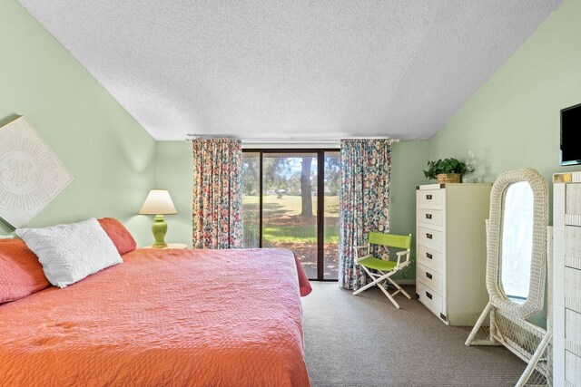 bedroom with carpet flooring, access to exterior, and a textured ceiling