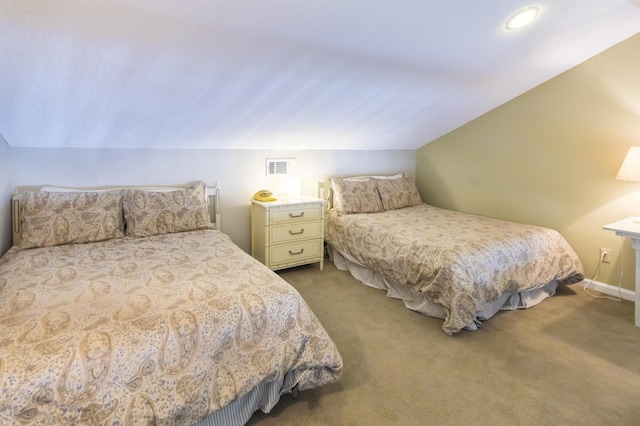 bedroom with light carpet and lofted ceiling