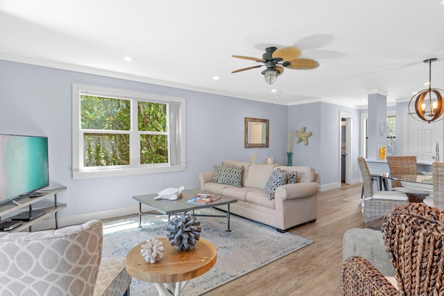 living room with ceiling fan, light hardwood / wood-style flooring, and crown molding