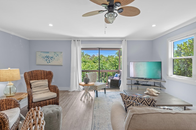 living room featuring ceiling fan, hardwood / wood-style flooring, and ornamental molding