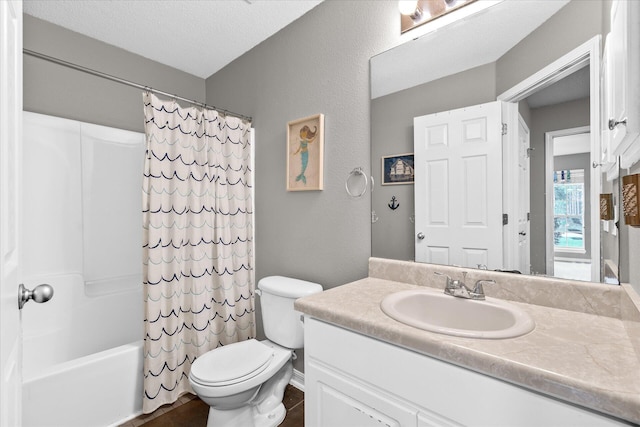 full bathroom with vanity, a textured ceiling, toilet, and shower / bathtub combination with curtain