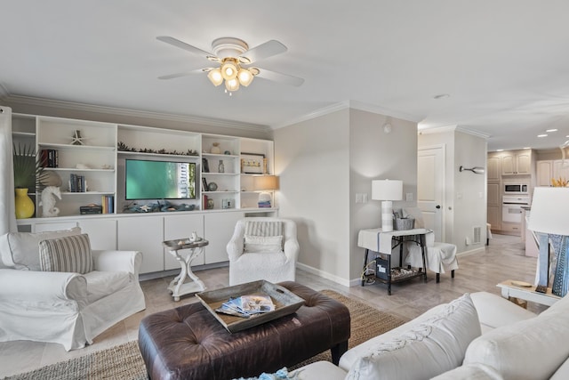 living room featuring light wood-type flooring, ceiling fan, and crown molding