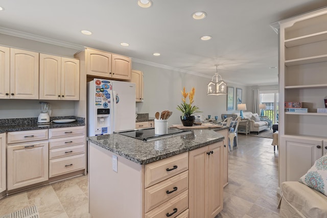 kitchen featuring black electric cooktop, decorative light fixtures, white refrigerator with ice dispenser, and ornamental molding