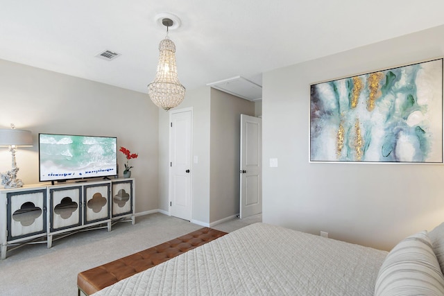 carpeted bedroom with a chandelier