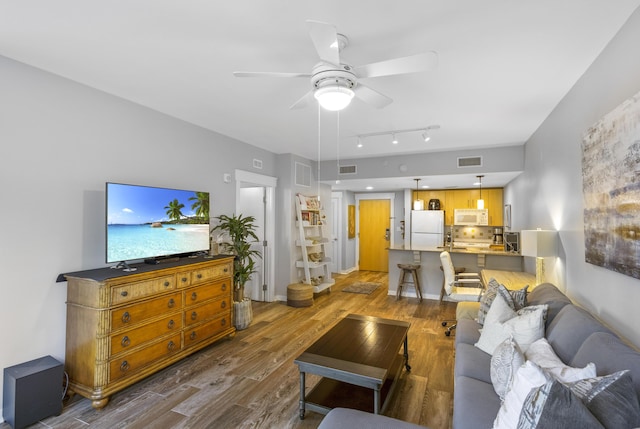 living room with hardwood / wood-style flooring and ceiling fan