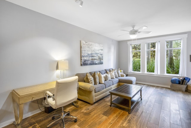 living room with hardwood / wood-style floors and ceiling fan