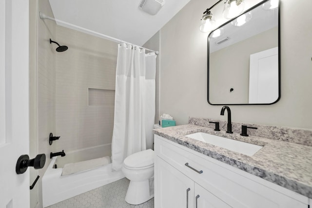 full bathroom with tile floors, shower / bath combination with curtain, large vanity, and toilet