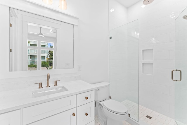 bathroom featuring vanity, toilet, and a shower with shower door