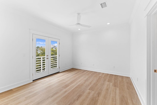 unfurnished room with ceiling fan, french doors, light wood-type flooring, and ornamental molding