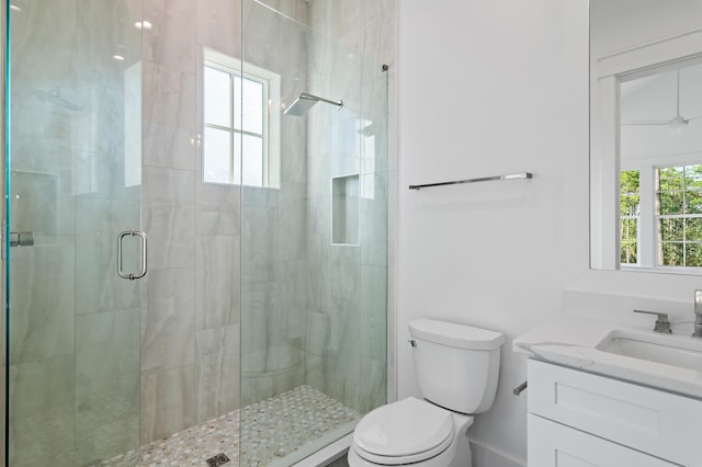 bathroom featuring a wealth of natural light, a shower with door, vanity, and toilet