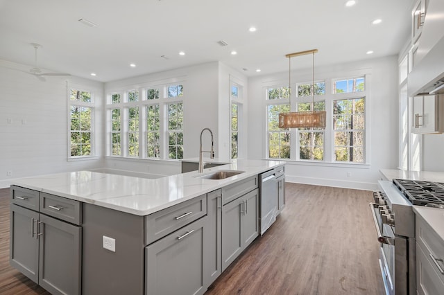 kitchen featuring gray cabinets, a healthy amount of sunlight, and stainless steel appliances