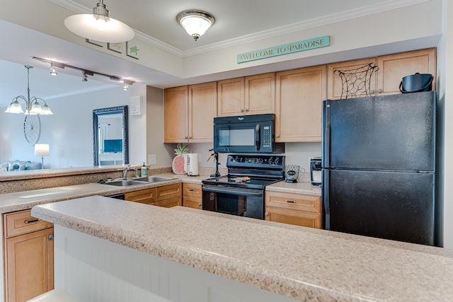 kitchen featuring sink, crown molding, and black appliances