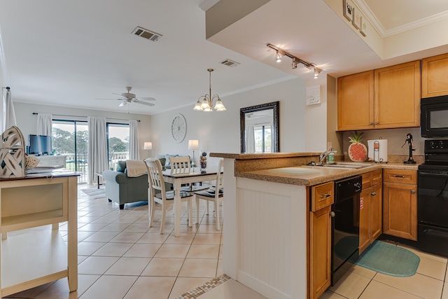 kitchen featuring black appliances, sink, ornamental molding, and kitchen peninsula