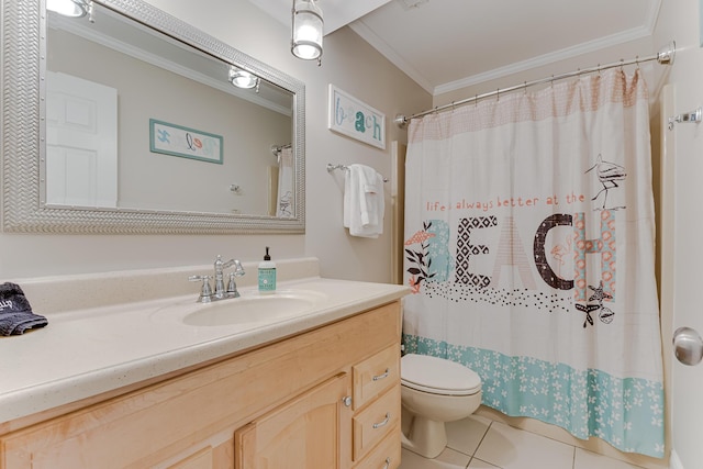 bathroom featuring tile patterned floors, ornamental molding, vanity, toilet, and curtained shower