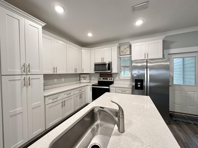 kitchen with dark hardwood / wood-style floors, white cabinetry, sink, stainless steel appliances, and light stone countertops