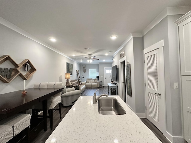 kitchen with light stone countertops, dark hardwood / wood-style flooring, ornamental molding, and sink