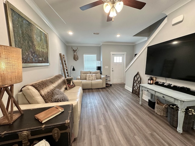 living room featuring hardwood / wood-style floors, ceiling fan, and crown molding