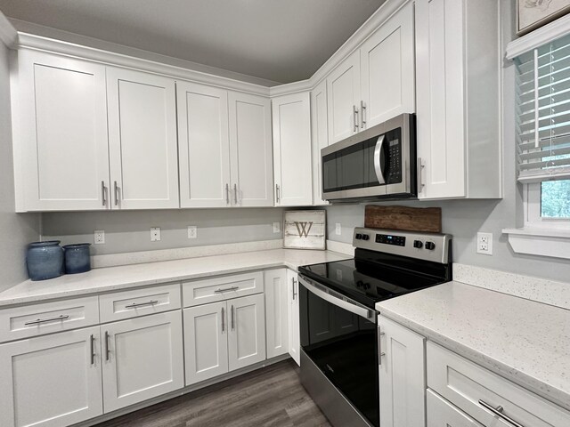 kitchen with white cabinetry, light stone countertops, dark hardwood / wood-style floors, and appliances with stainless steel finishes